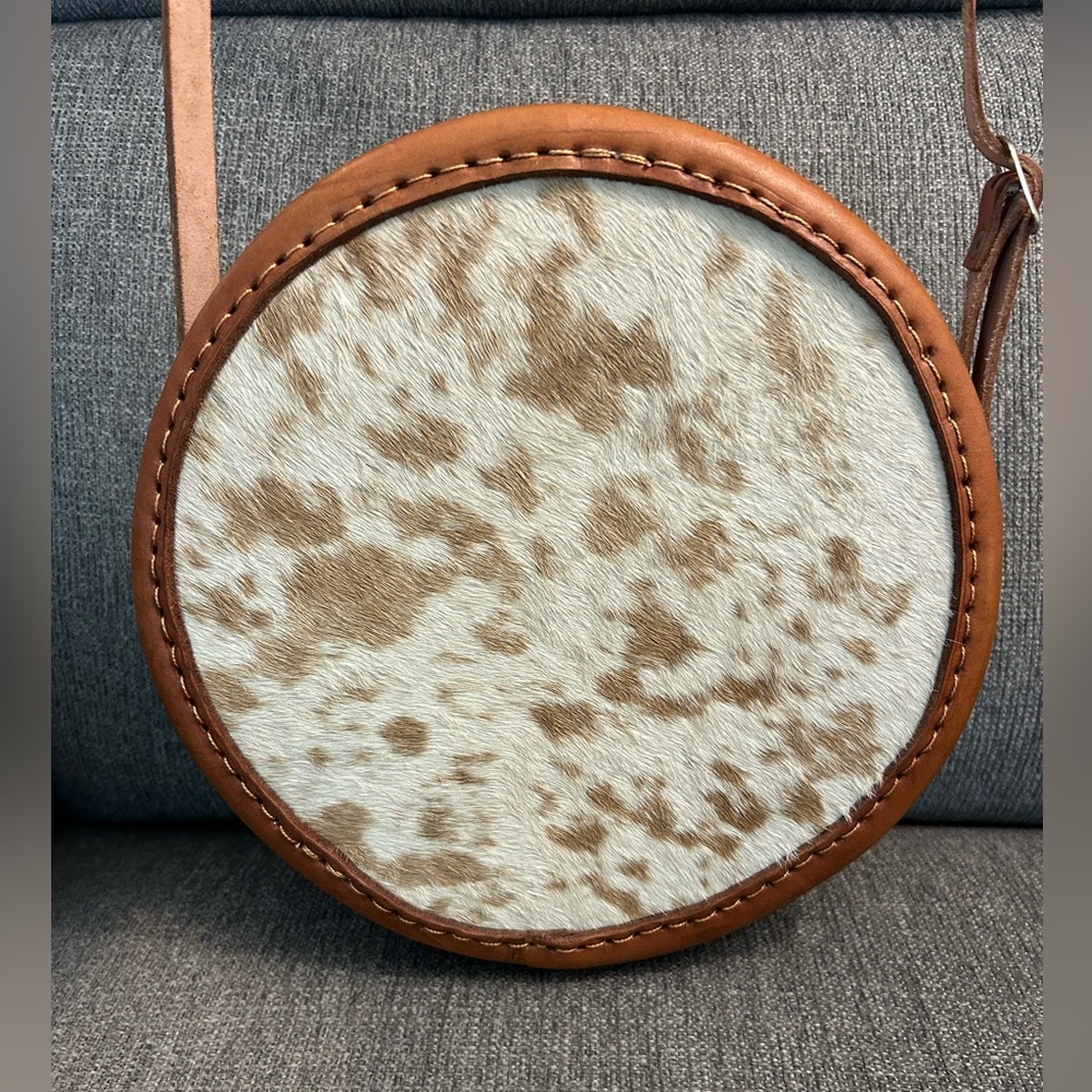 Round Brown and Cow hair Leather Cream Crossbody Bag